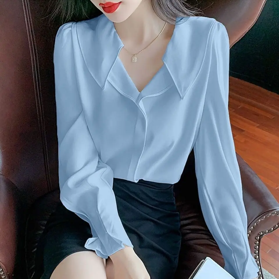 Temperament Chiffon Blouse Spring Autumn Fashion Ruffles V-neck Long Sleeve Women\'s Shirt Simplicity Pullover Turn-down Collar