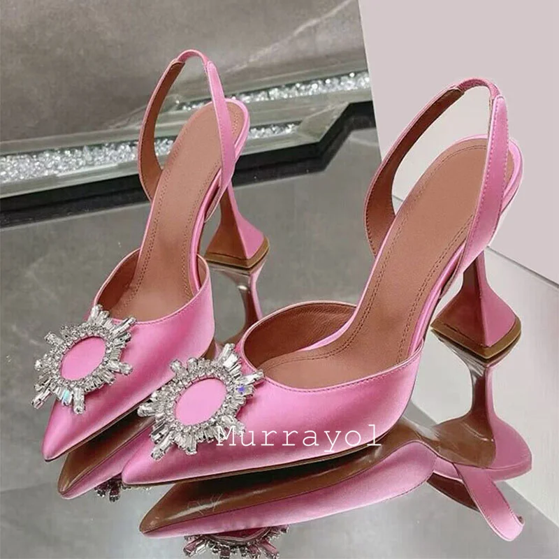 New Women Rhinestone Decor Sandalias Pointed Toe Satin Finish Thin Heels Sandals Summer Party Dress Shoes Wedding Shoes Pumps