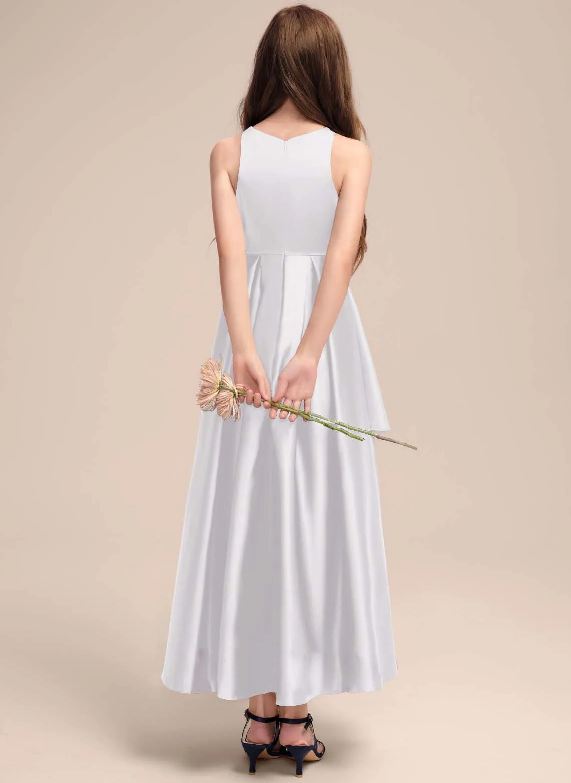 A-line Scoop Asymmetrical Satin Junior Bridesmaid Dress With Cascading Ruffles Flower Girl Dress Party First Communion Gown