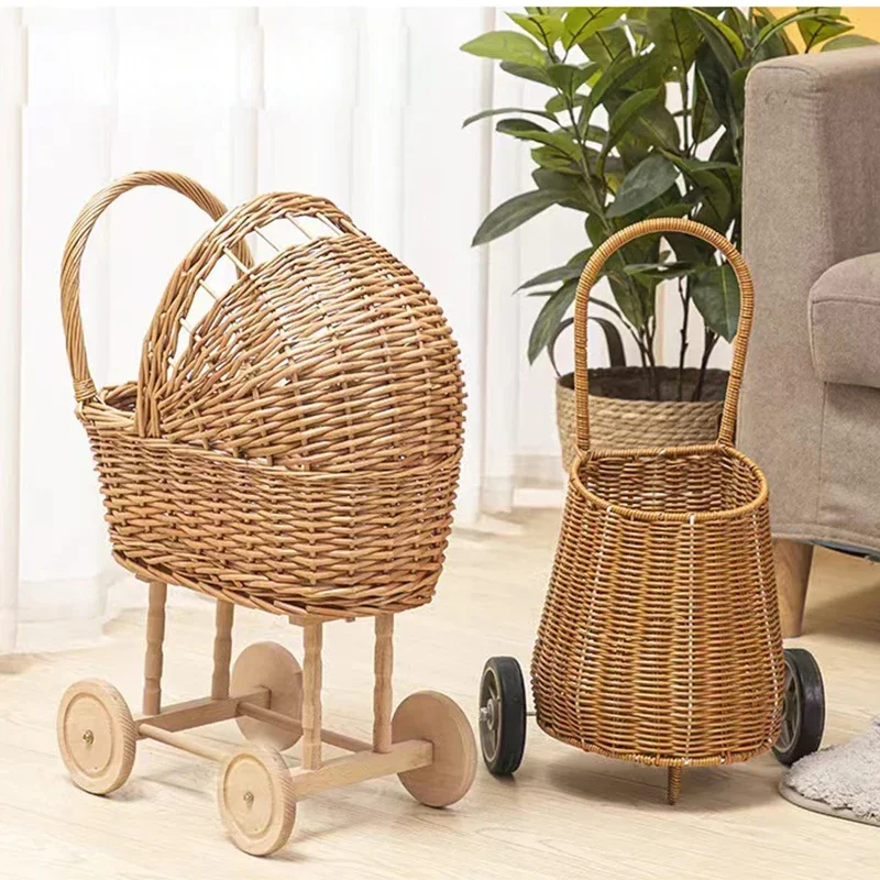 Rattan Baby Stroller Baby Photography Props Retro Toy Photo Studio Bebe Doll Carriage Kid Room Decor Baby Doll Cart Girl Toys