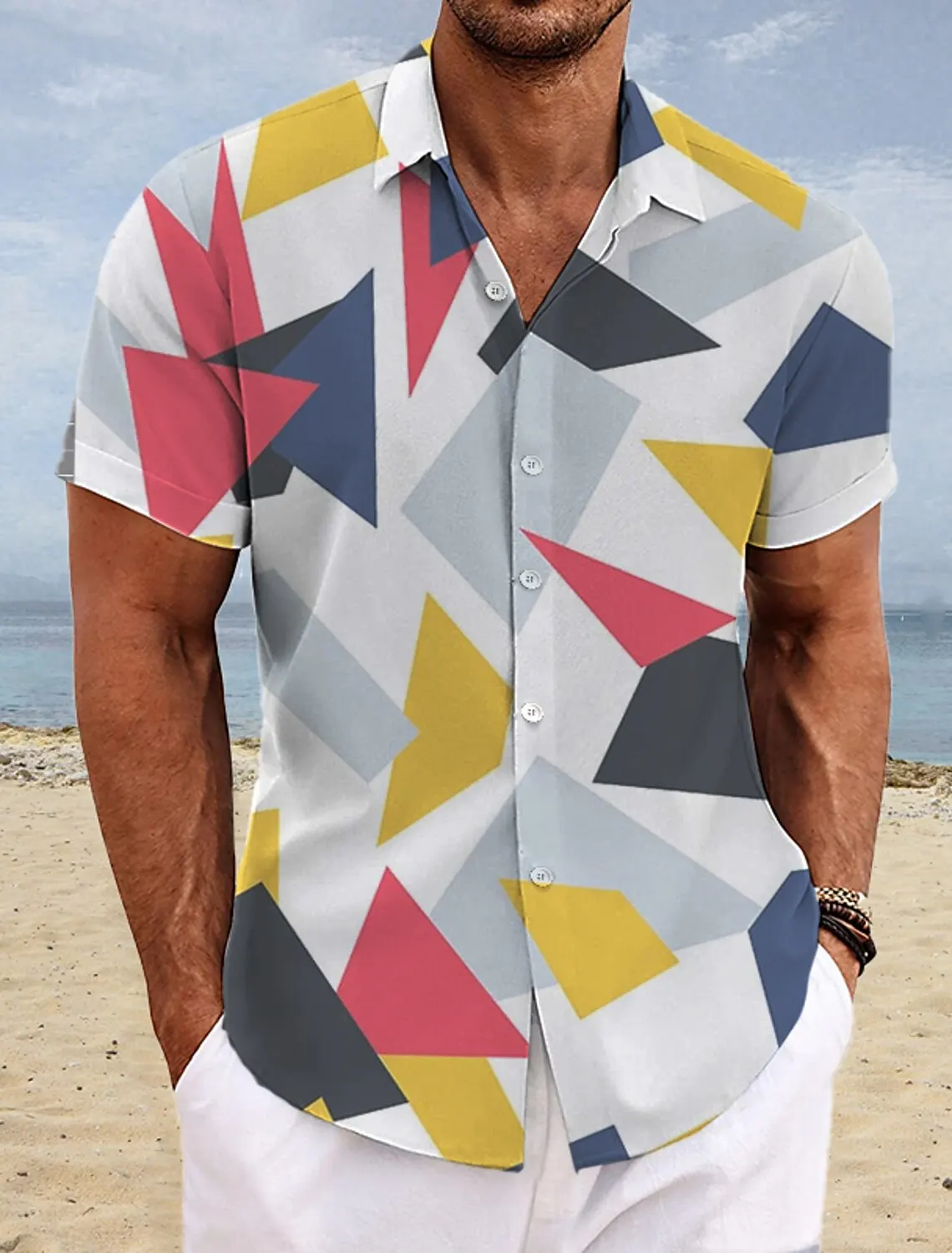 Chemise de plage à motif géométrique hawaïen pour hommes, imprimé nickel é hawaïen, manches courtes, décontractée, été