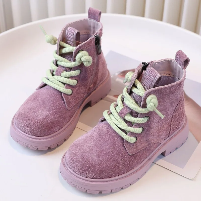 

Girls Dopamine Color Short Boots Frosted Leather 2025 Autumn and Winter Children's Leather Boots Girls Korean Version Flat Shoes