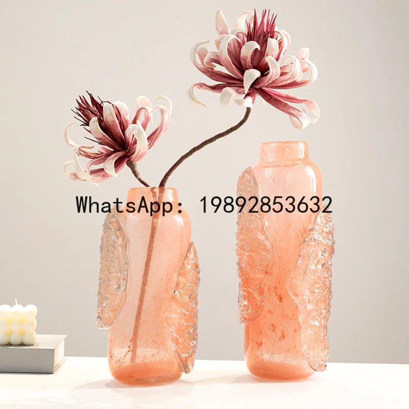 Pink Glass Vase Abstract Irregular Relief of Transparent Ice Cubes Flower Vase Terrarium Flowerpot Home Decoration Accessories