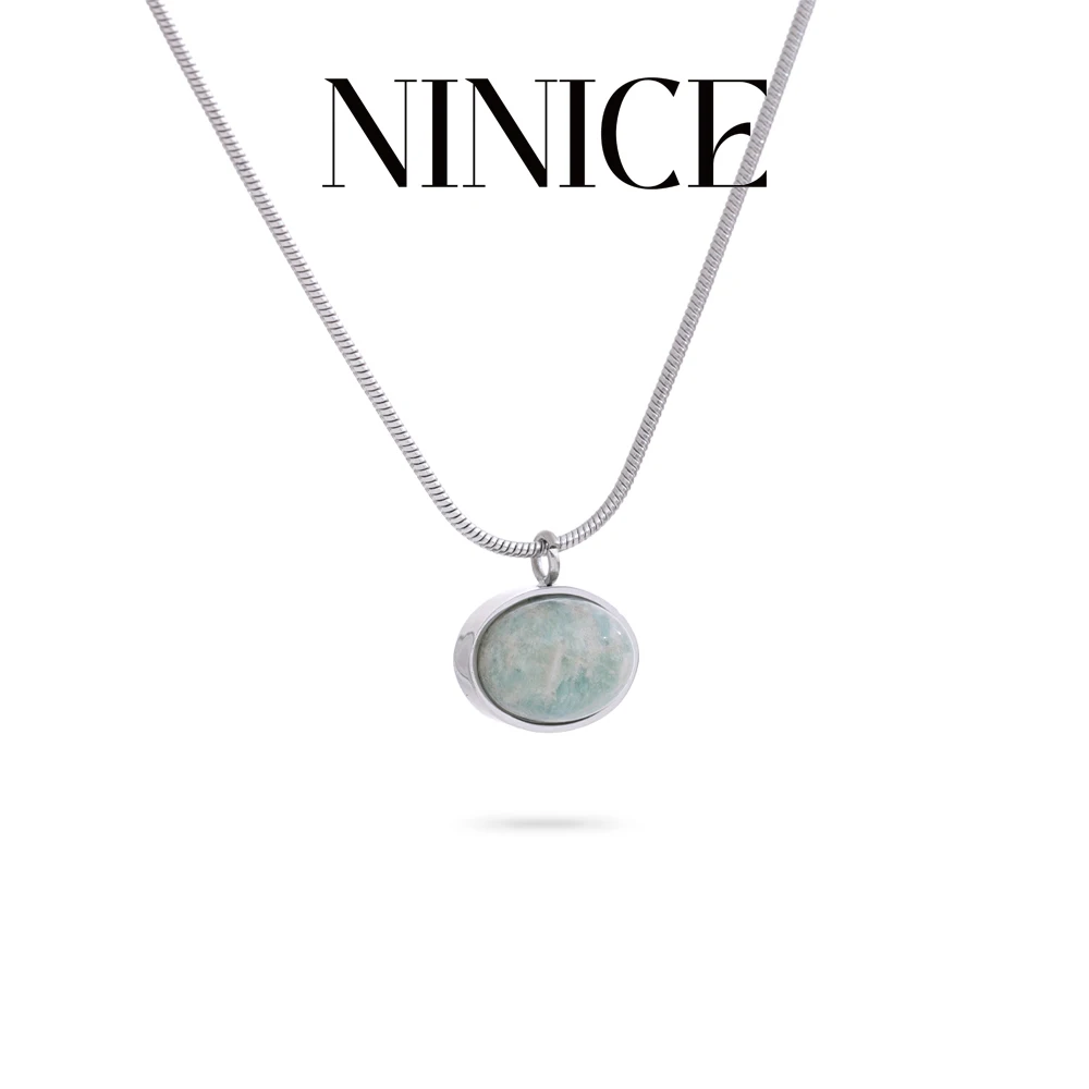 NiNice Natural Amazonite Stone Oval Pendant Necklace Waterproof Stainless Steel Chic Fashion Jewelry for Women Accessories