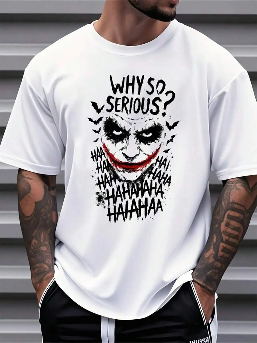 Warner Bros Why So Serious Joker Face T-Shirt Men's Graphic Tee Batman Movie Inspired Funny Shirt Halloween Costume Party Wear  100% Cotton Trendy Y2K Short-Sleeve Tee-Soft, Quick-Drying, Moisture-Wicking, Great Gift for Christmas or Halloween.