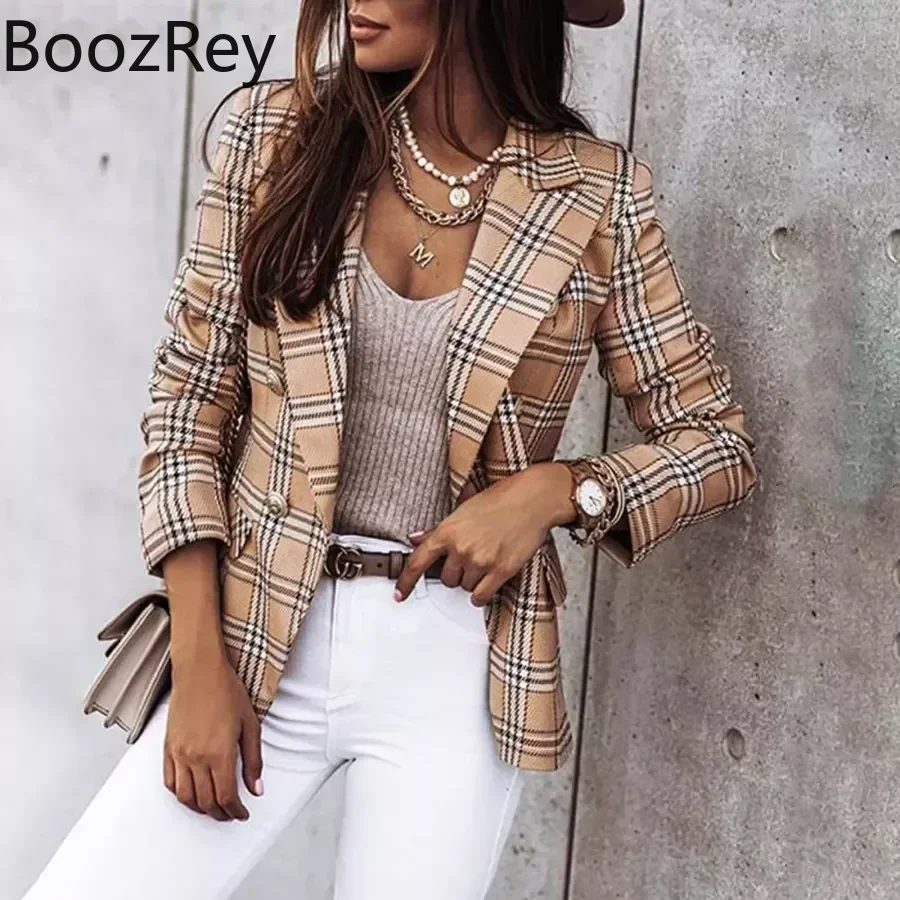 BoozRey Blazer kadın ekose Blazer ceket takım elbise uzun kollu Casual Slim Blazers ceketler haki bayan palto zarif ofis ceket