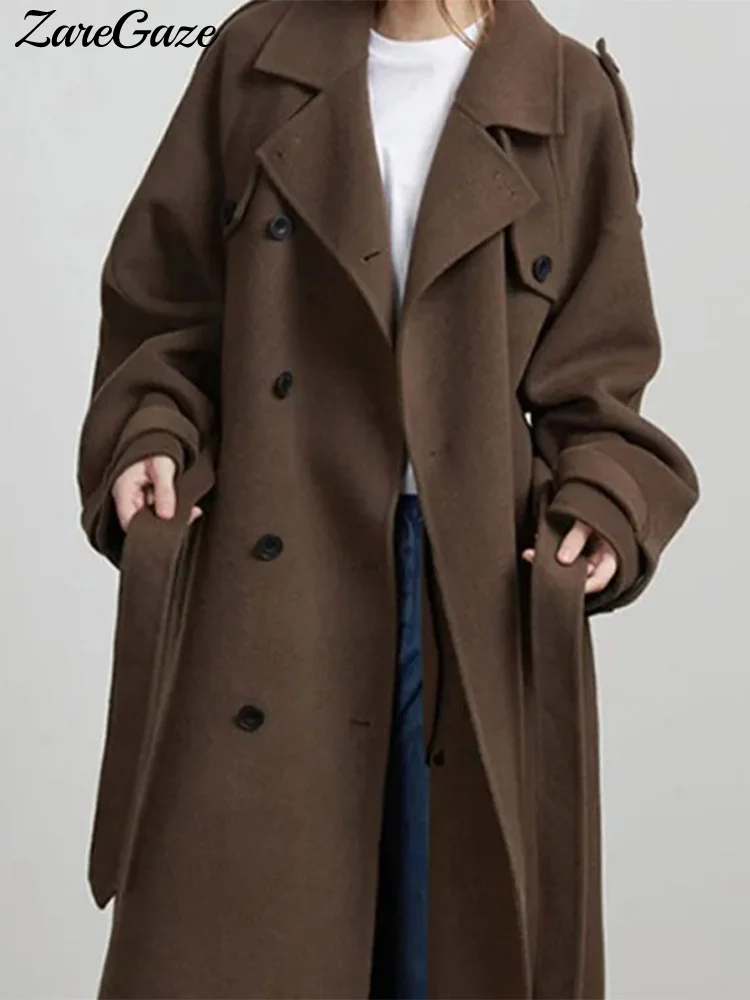 Модные шерстяные длинные пальто с поясом для женщин, свободное двубортное пальто с лацканами и длинными рукавами, осень-зима 202, пальто, уличная одежда