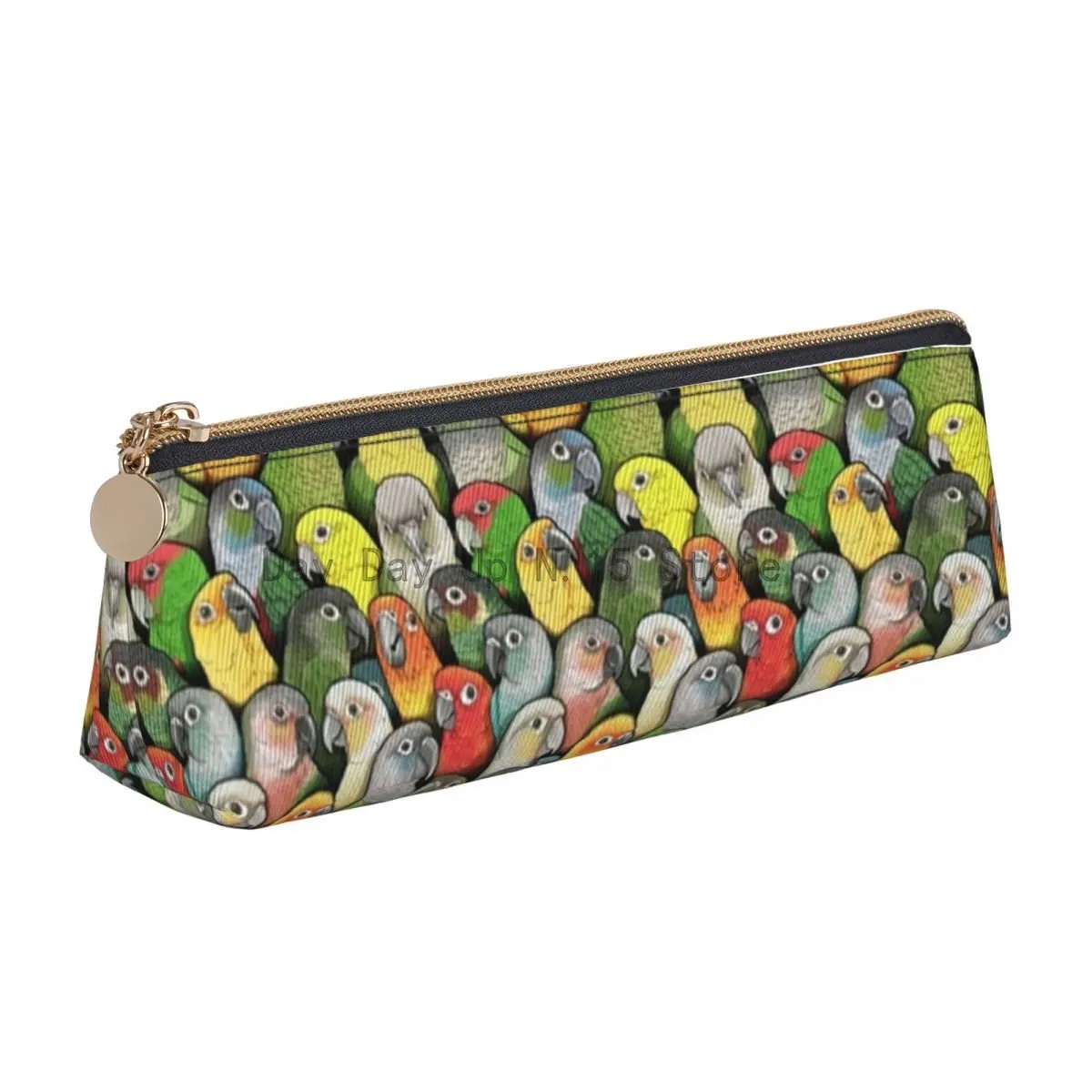 Colorful Cute Parrot Triangle Pencil Case Funny Animal Print Retro Zipper Pencil Box Teenager College Leather Pen Bags