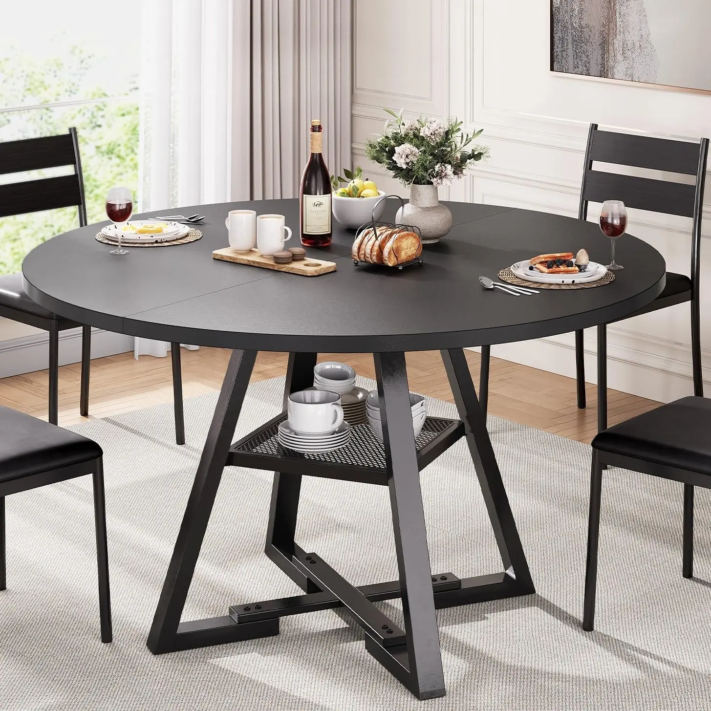 Round Dining Table for 4 47In Space Saving Pedestal Table Wood Kitchen Dining Room Furniture Black