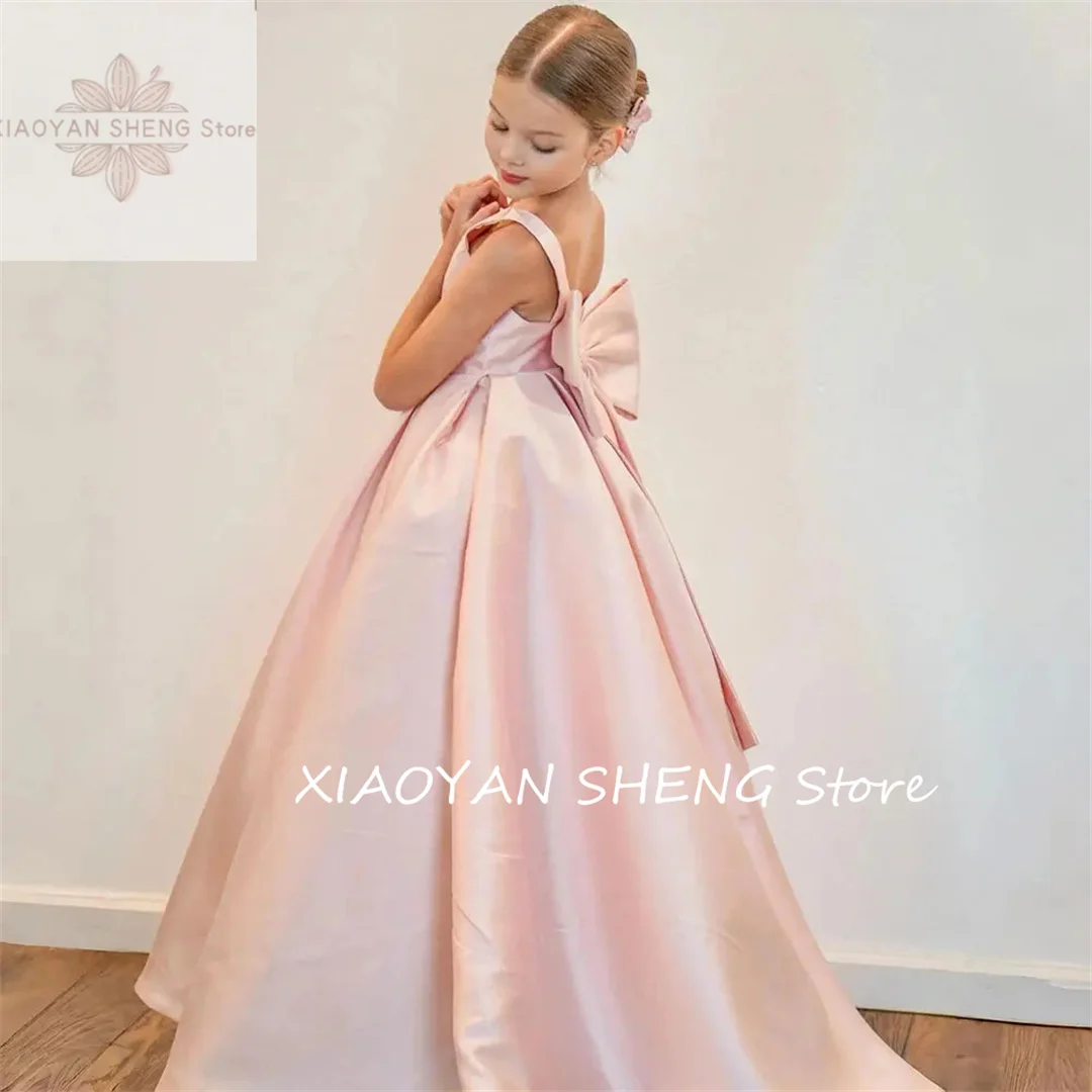 Robe de demoiselle d'honneur blanche pour mariage, bretelles avec nœud, robe de Rhen satin, fête d'anniversaire pour enfants, première communion