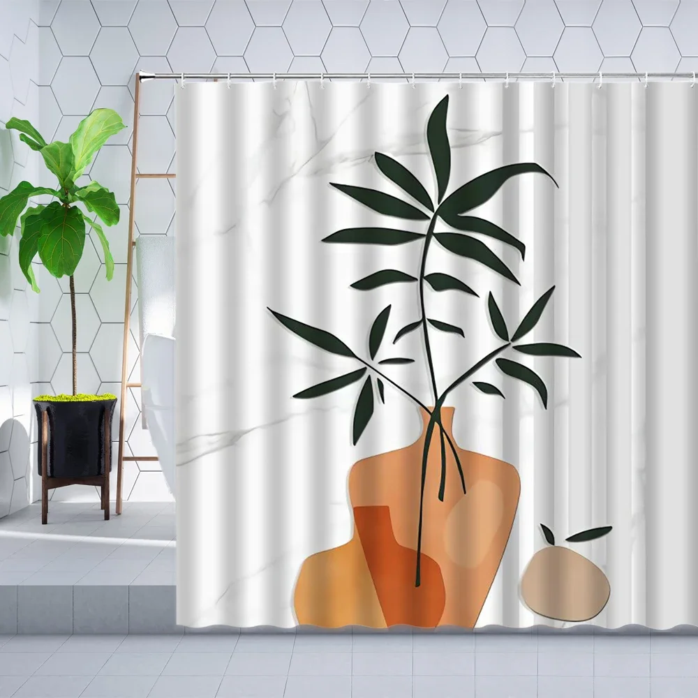 Nordic Modern Geometry Shower Curtain Set Plant Flower Green Leaf Sun Watercolor Art Wall Decoration Bathroom Curtains Polyester