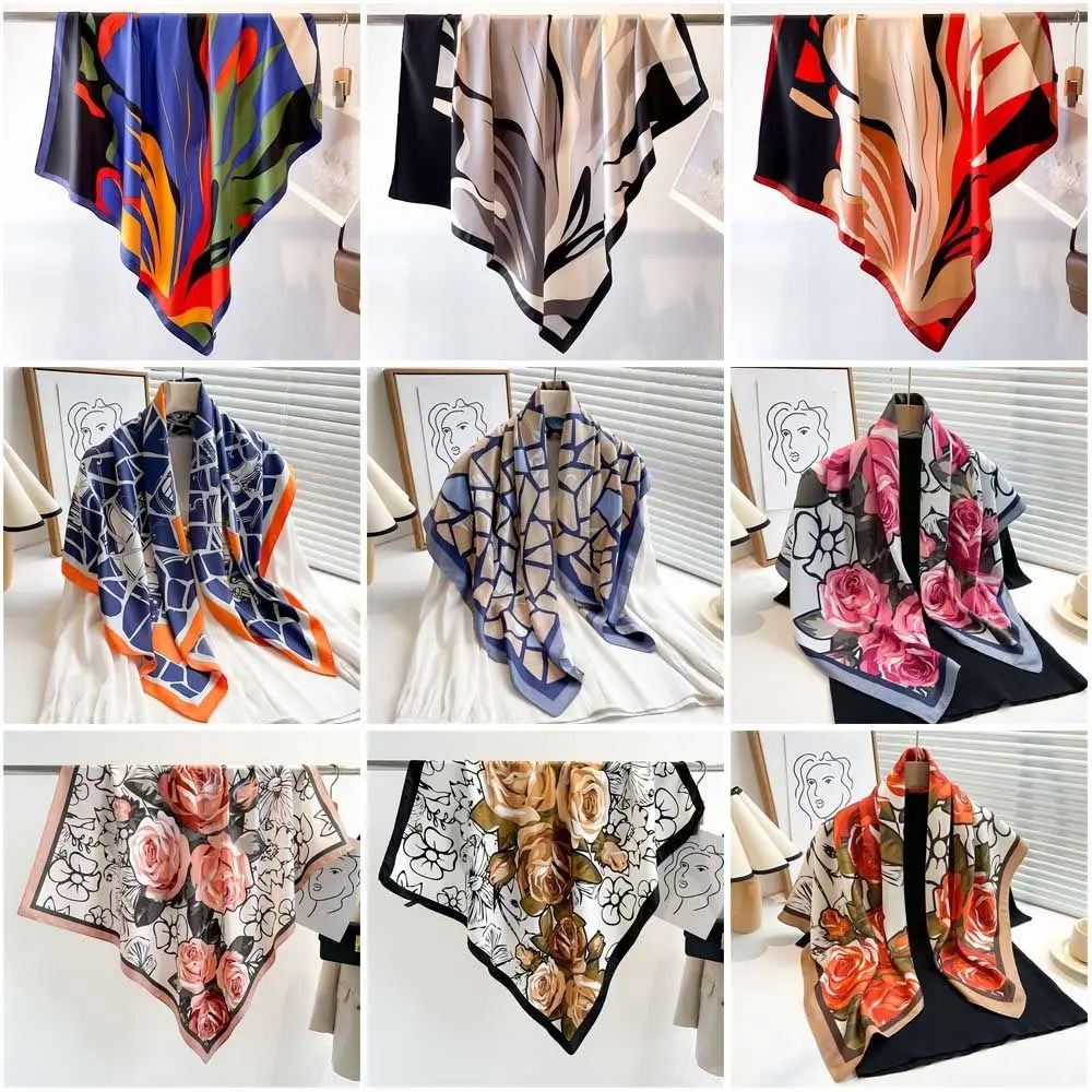 90x90cm Women Luxury Silk Scarf Breathable Sun-Resistant Bandana Print Spring Headkerchief