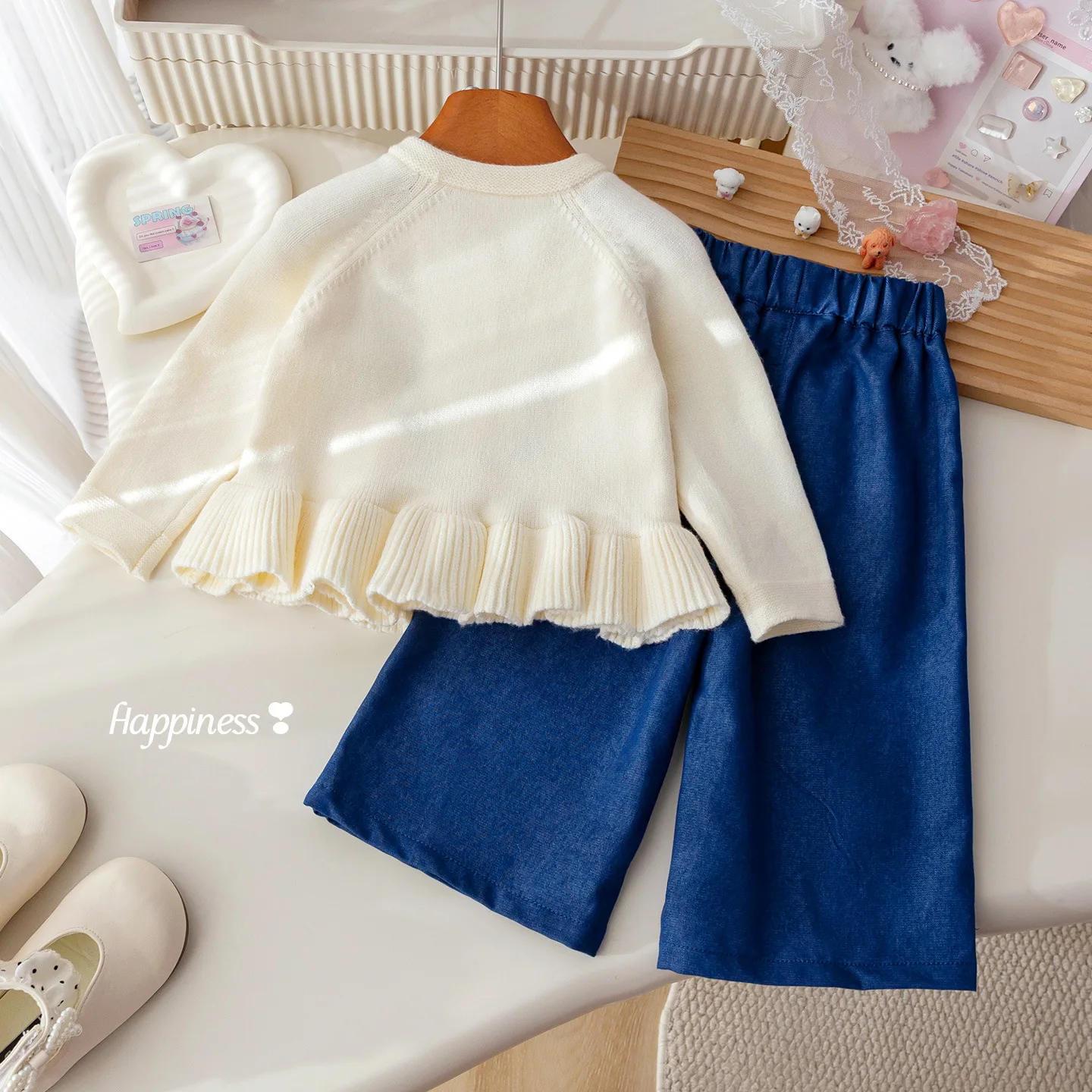 Girls' autumn clothes countryside floral embroidery lace sweater fashion knitted cardigan casual pants trendy