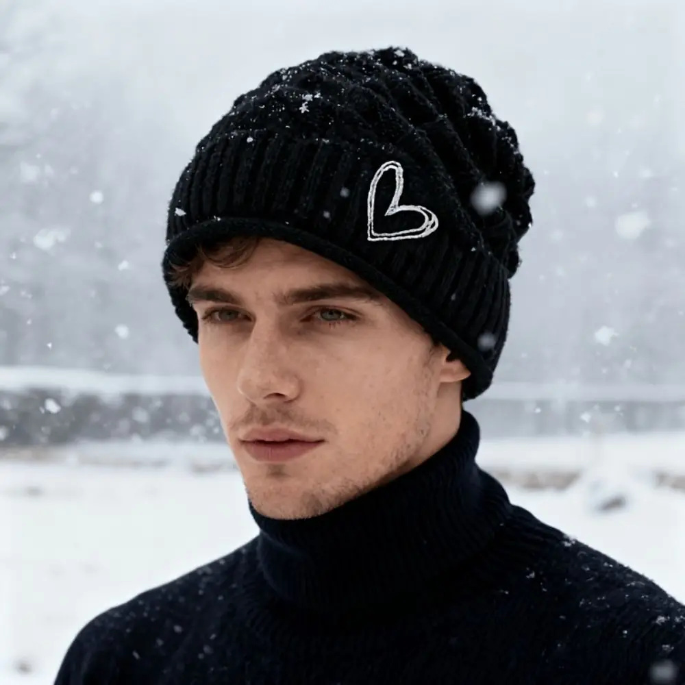 Embroidered Heart Slouchy Knit Beanie Cable Knit Texture Foldover Cuff Cable Knit Beanie Solid Soft Stretchy Embroidered Beanie