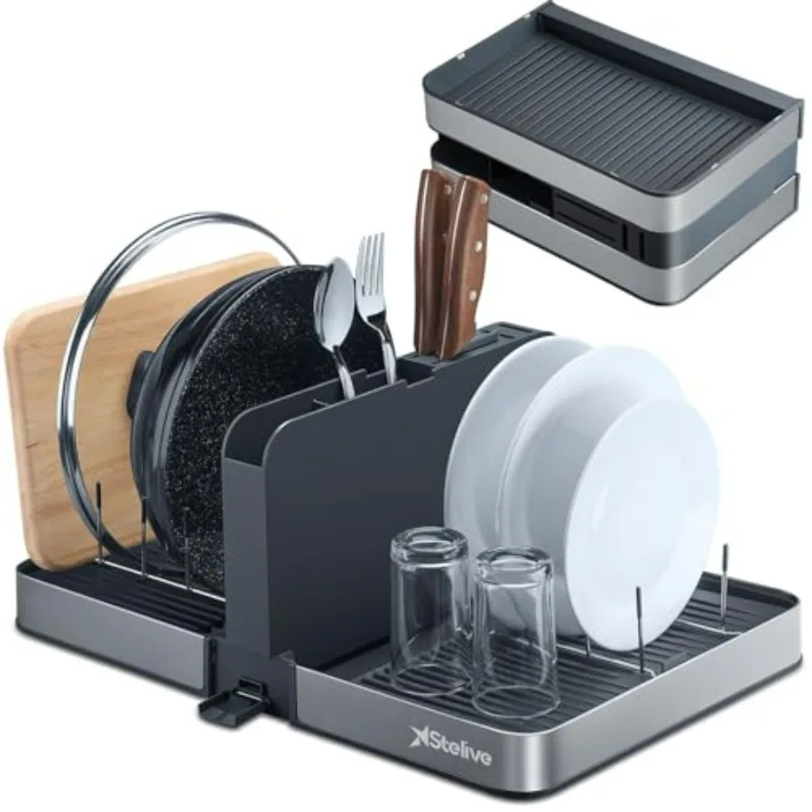 

Foldable Dish Drainer Rack with Removable Cutlery Holder Stainless-Steel Dish Drying Rack Dual Parts Space-Saving for Kitchen C