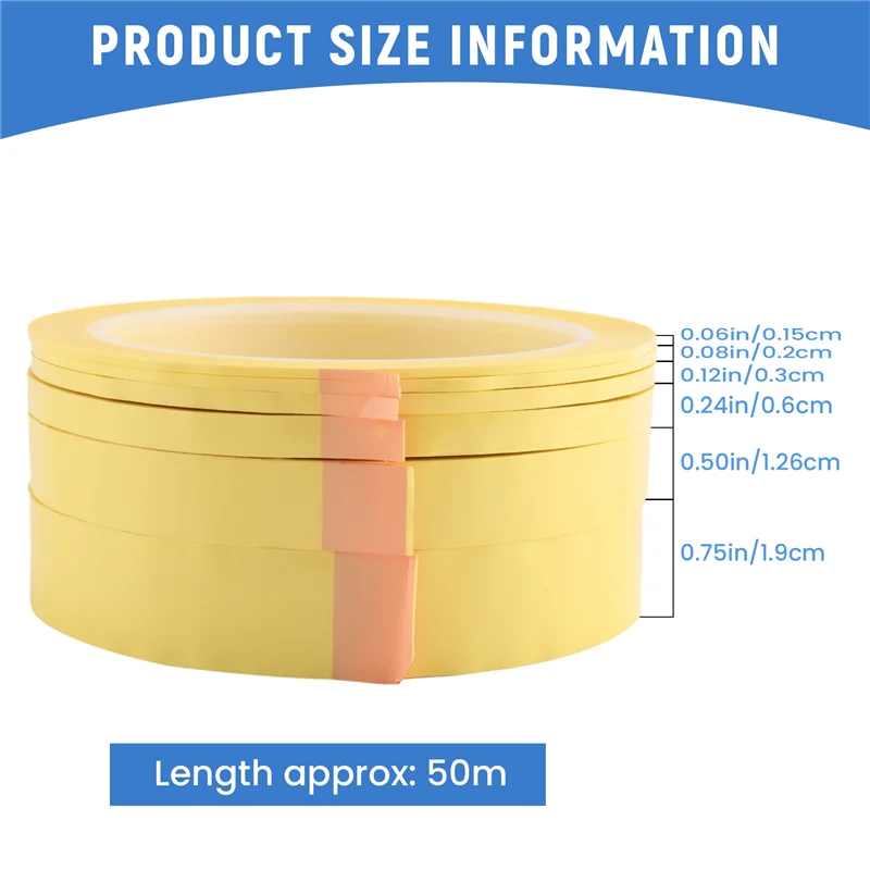 A15F-6 لفات شريط الخطوط الدقيقة 1/16,7/10,1/8,1/4,1/2,3/4 بوصة × 55 ياردة، شريطٌ لاصق رفيع، شريط لاصق للسيارات للرسامين