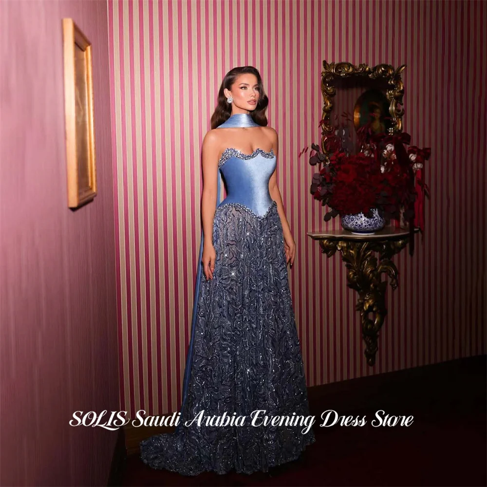 

SOLIS Dusty Blue Prom Dress Strapless Celebrity Dresses Draped Neck Scarf Women's Evening Dresses for Gala Sequins Customized