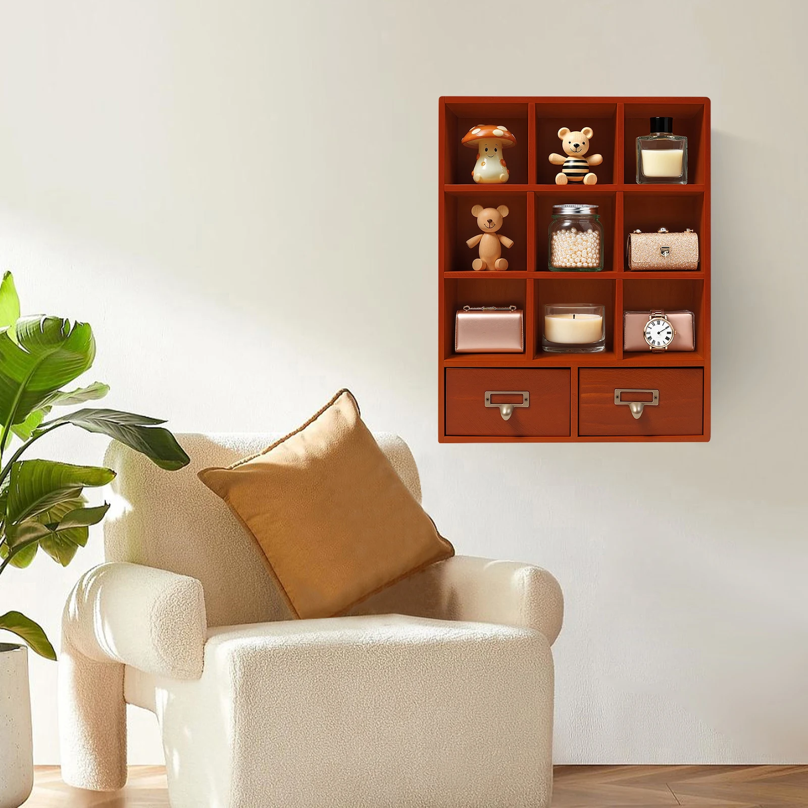 Wooden Storage Divider Box Showcase Display Box Organization Tabletop Box with 9 Compartments and 2 Drawers for Home Storage