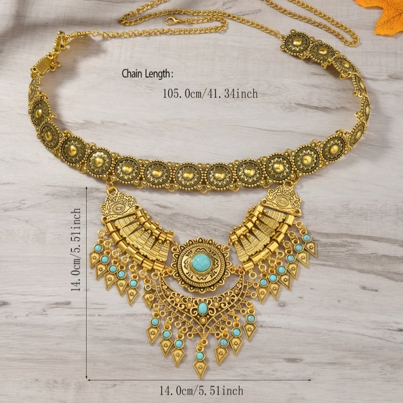 New Bohemian style colored gemstone waist chain set from Europe and America, with a retro ethnic look and tassel waist chain