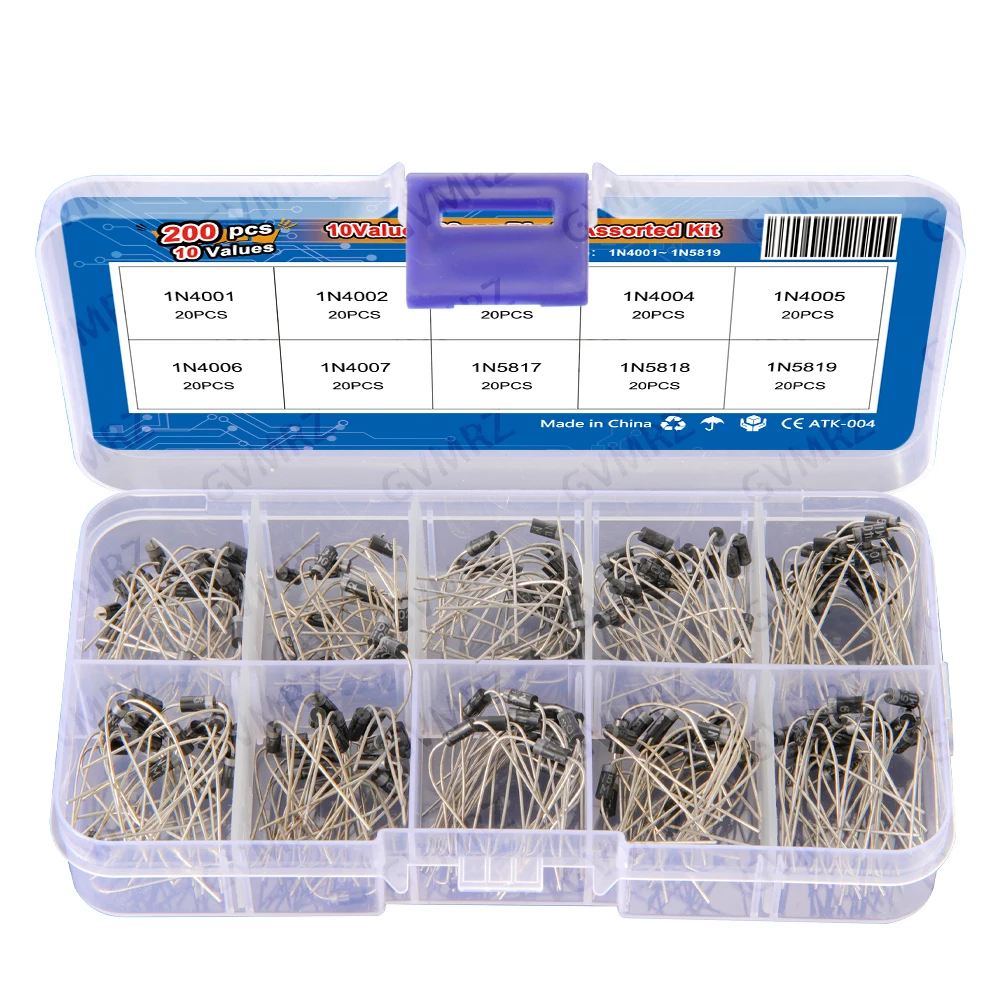 10 Values 1N4003 1N4004 1N4005 1N4006 200PCS Rectifier Diodes KIT 1N4001 1N4002 1N4007 1N5817 1N5818 1N5819 DIP
