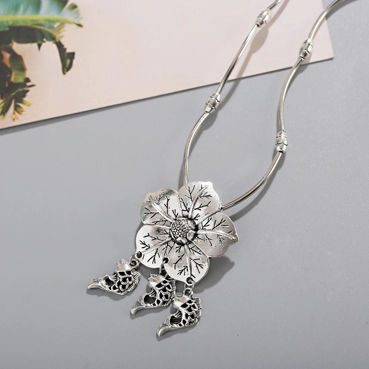 Boho New Ethnic Flower Necklace For Women Silver Color Alloy Big Flower Fish Pendant Long Neckla Wedding Party Jewelry Gifts