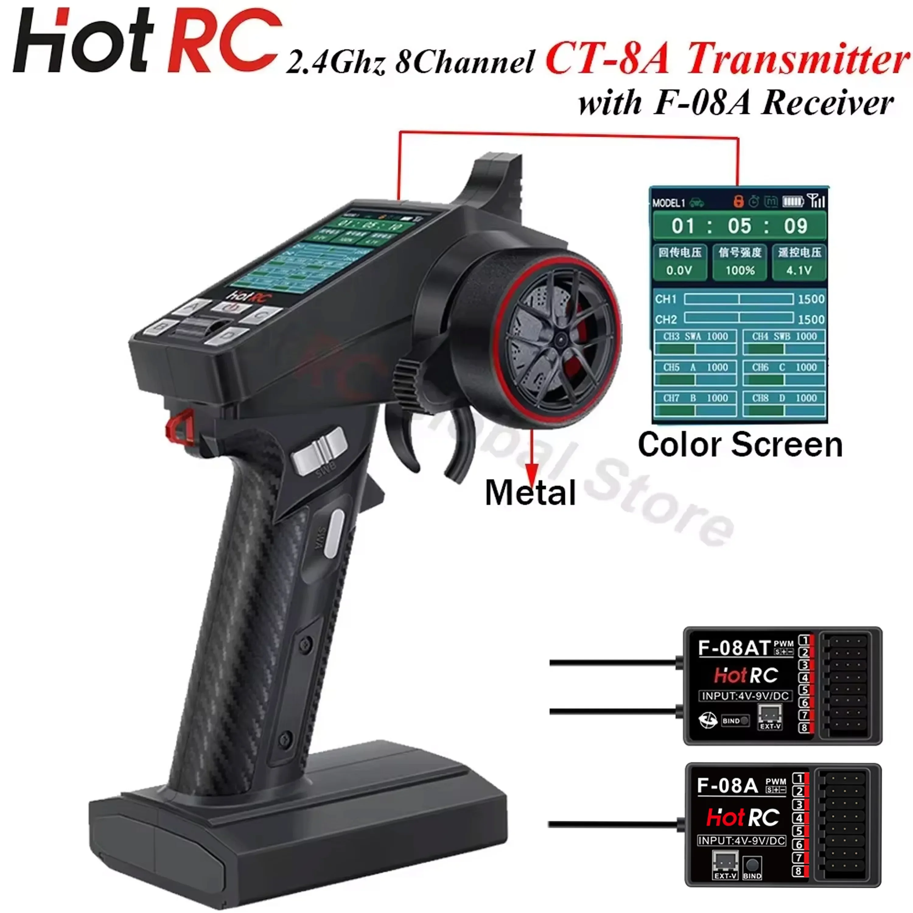 HOTRC pemancar CT-8A 8CH 2.4Ghz, kendali jarak jauh F-08A sistem Radio F-08AT 8 saluran penerima untuk Model RC mobil perahu tangki kapal