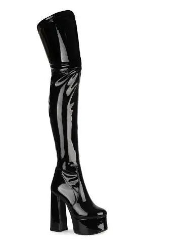 Winter Women Red Black White Shiny Leather Round Toe Platform Chunky Heels Slim Over The Knee Boots Female Thigh Long Boots Shoe