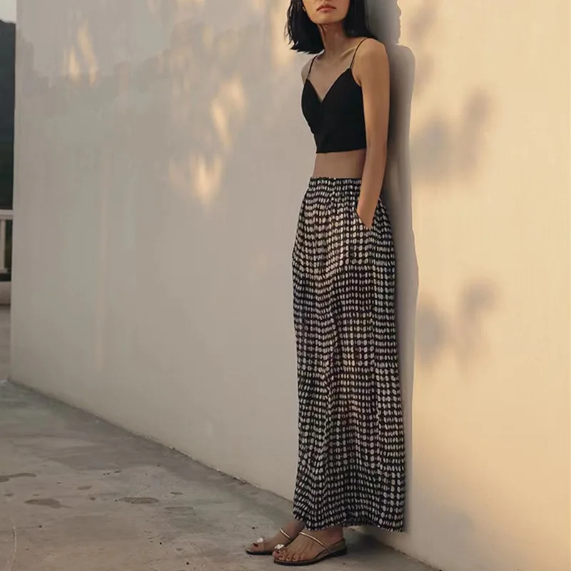 Spring Thin Chiffon Polka Dots High Waist Drooping Sense Casual Loose Wide Leg Pants Women'S Elastic Waist Vintage Pant Harajuku