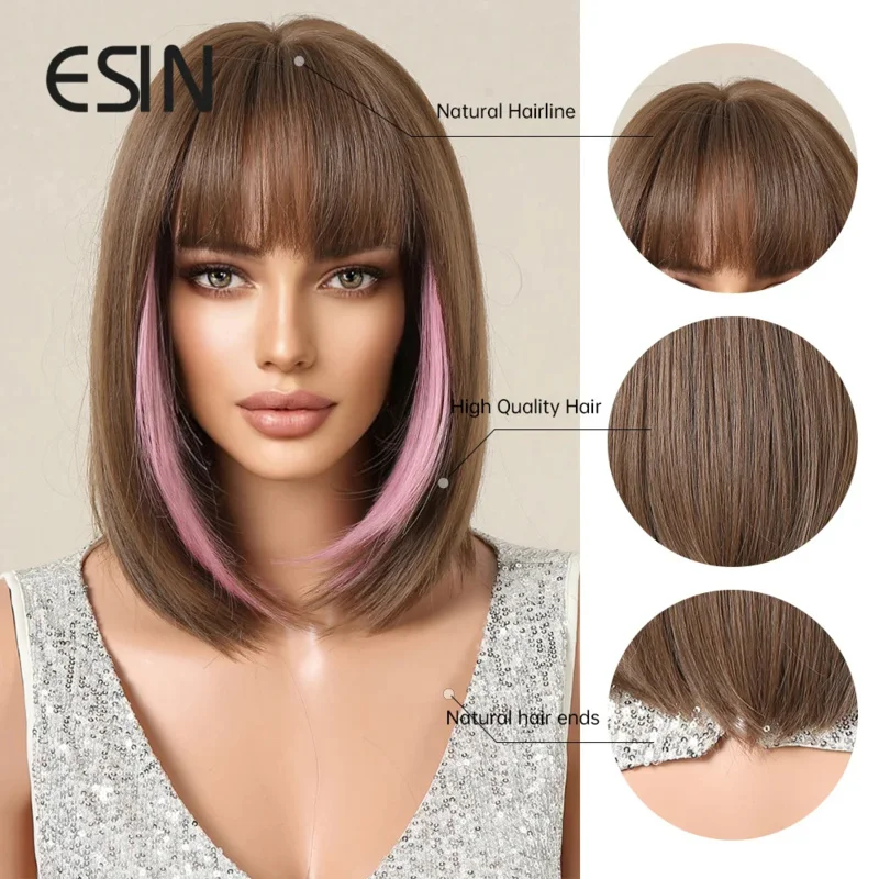 ESIN Synthetic Medium Long Straight Brown  Mixed Pink Wig with Bangs Hair Bob Wigs for Women Heat Resistant Natural Daily Usage