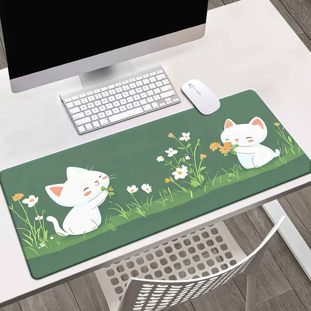 

1 шт. коврик для мыши с милым белым котом - водонепроницаемый, противоскользящий резиновый настольный коврик для игр и офиса, мягкий зеленый цветочный фон с