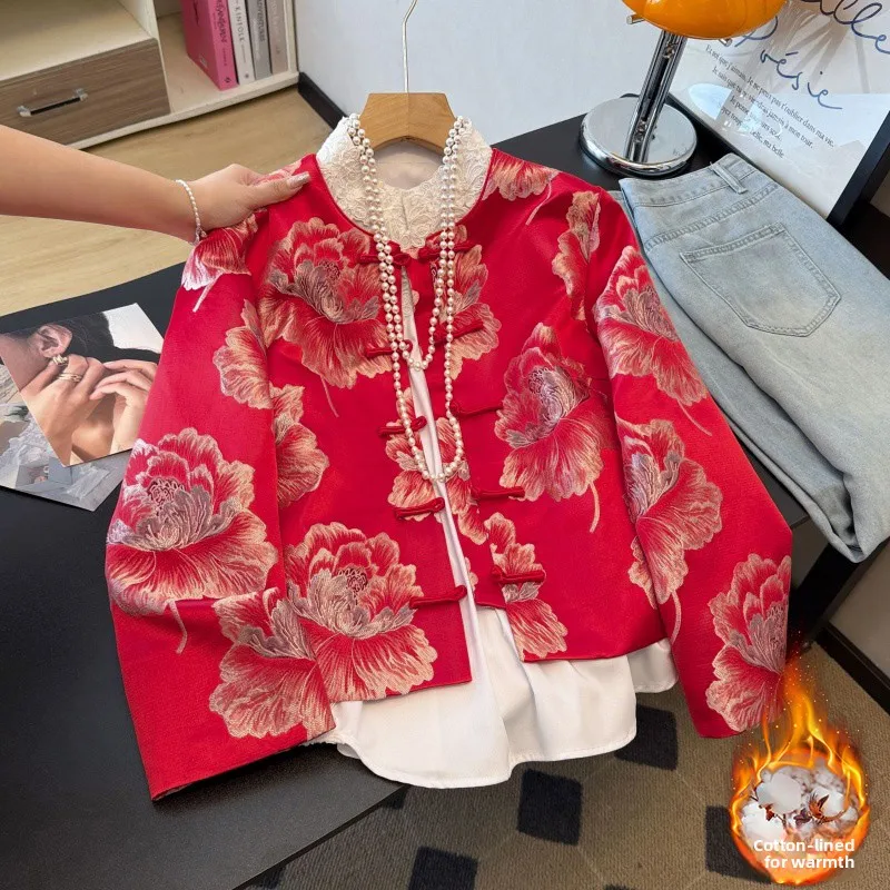 

Новая китайская классическая атласная вышитая хлопковая куртка с длинными рукавами в стиле Тан, ретро-ханьфу, верхняя одежда