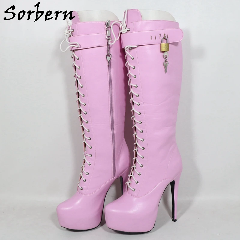 

Sorbern/розовые матовые женские сапоги до колена, невидимая платформа, туфли на высоком каблуке-шпильке, запираемые ремни, фетиш-сапоги на шнуровке