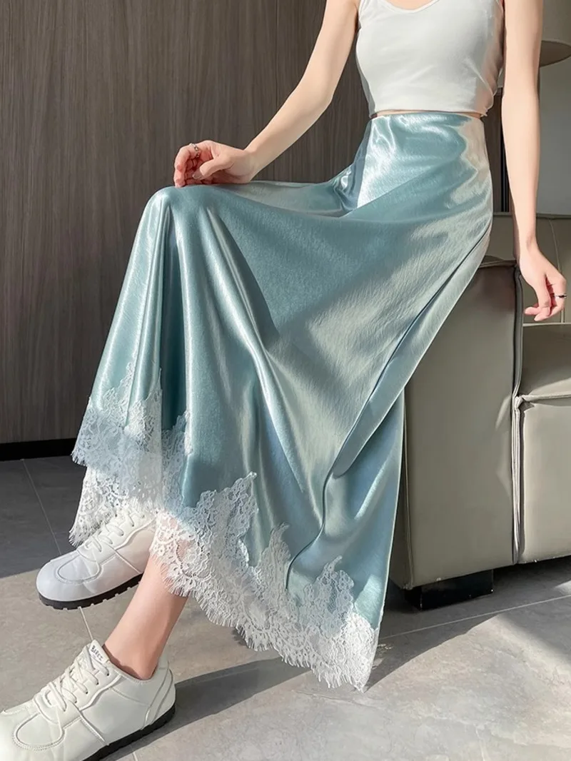 

French Elegant Satin Mermaid Skirt Women Spring Summer Lace Patchwork Pack Hip Long A-line Skirts Office Ladies Korean 7JKJ