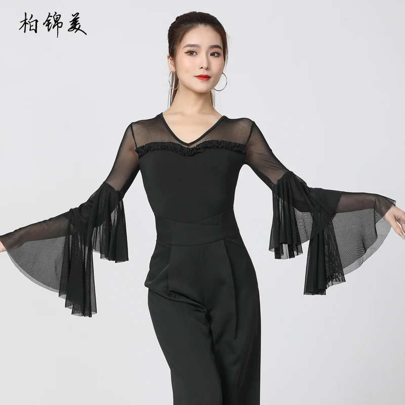 Latin dance top women\'s new modern dance conjoined lotus leaf trumpet long sleeve national standard practice dance body performa