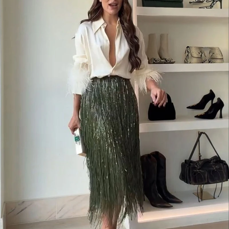 Vrouwen Casual Lange Mouw Feestrok Outfits Elegante Lovertjes Lange Rok 2Pc Pak Mode Revers Knop Shirt & Omzoomde Rok Set