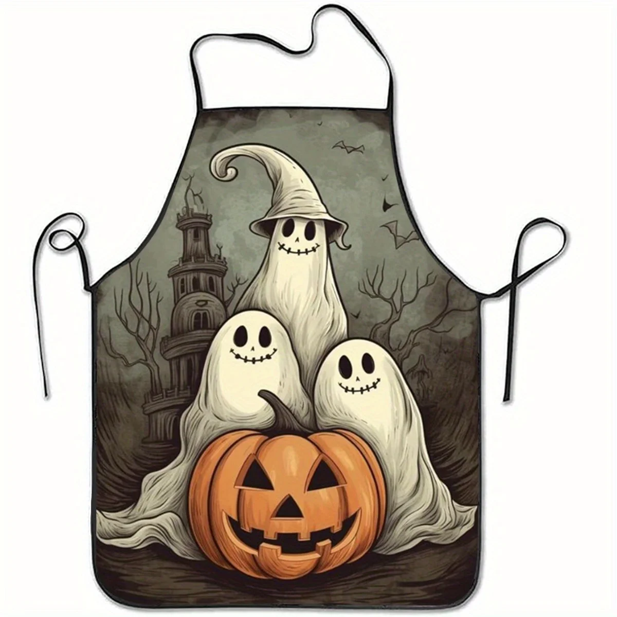 1pc of a Sleeveless Polyester Apron Featuring Happy Halloween Pumpkins And Ghosts, Perfect for Baking And Kitchen