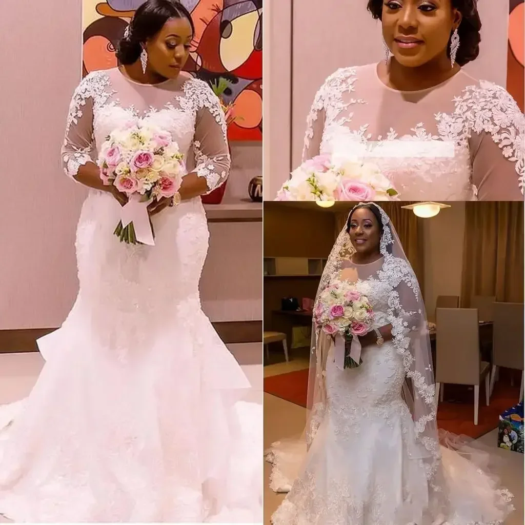 تخصيص فساتين زفاف حورية البحر الأبيض 2020 تخصيص فساتين العروس خمر قصيرة الأكمام بالإضافة إلى حجم شراء فستان الزفاف