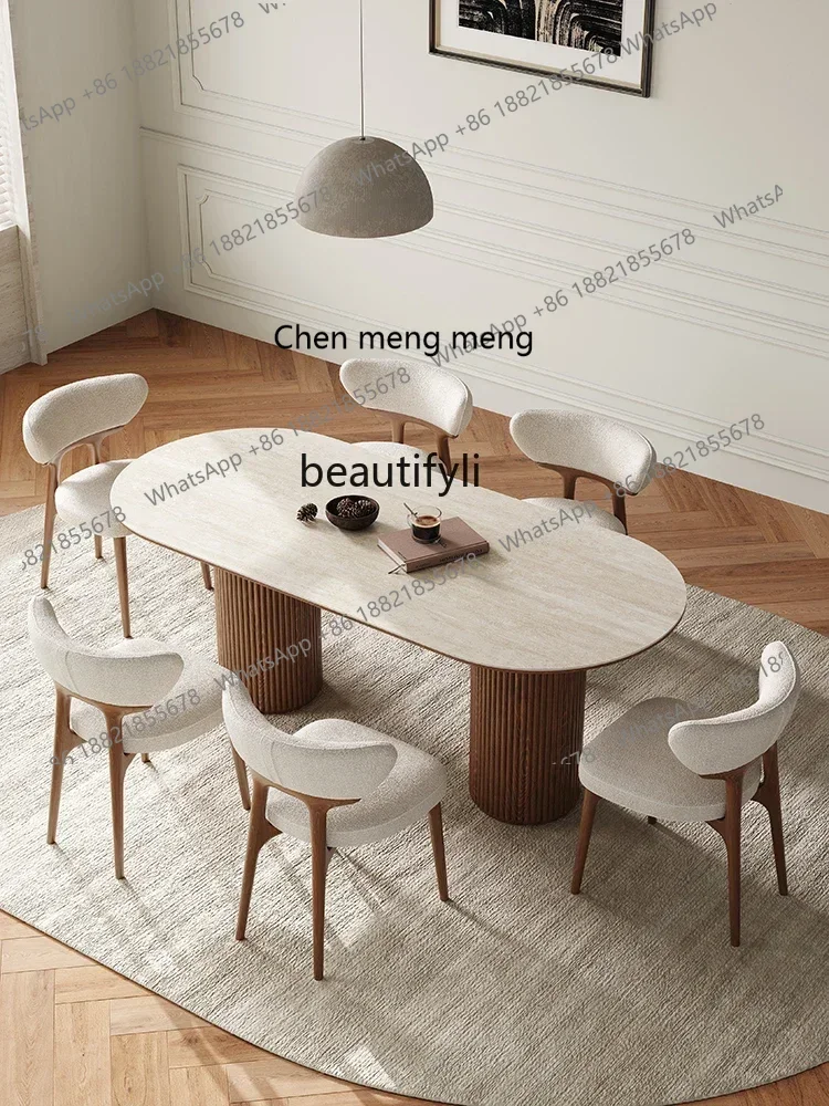 A182 French Retro Solid Wood Dining Table and Chair Cave Stone Stone Plate Small Apartment Walnut Oval Designer Dining Table Cre