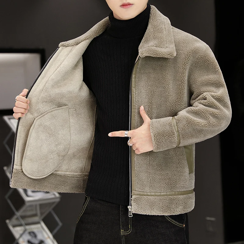 Korean Style Solid Color Men Coat Herren Winter Faux Leather Jacket Men Imitation Fur Trend Veste Homme Jaqueta Motoqueiro