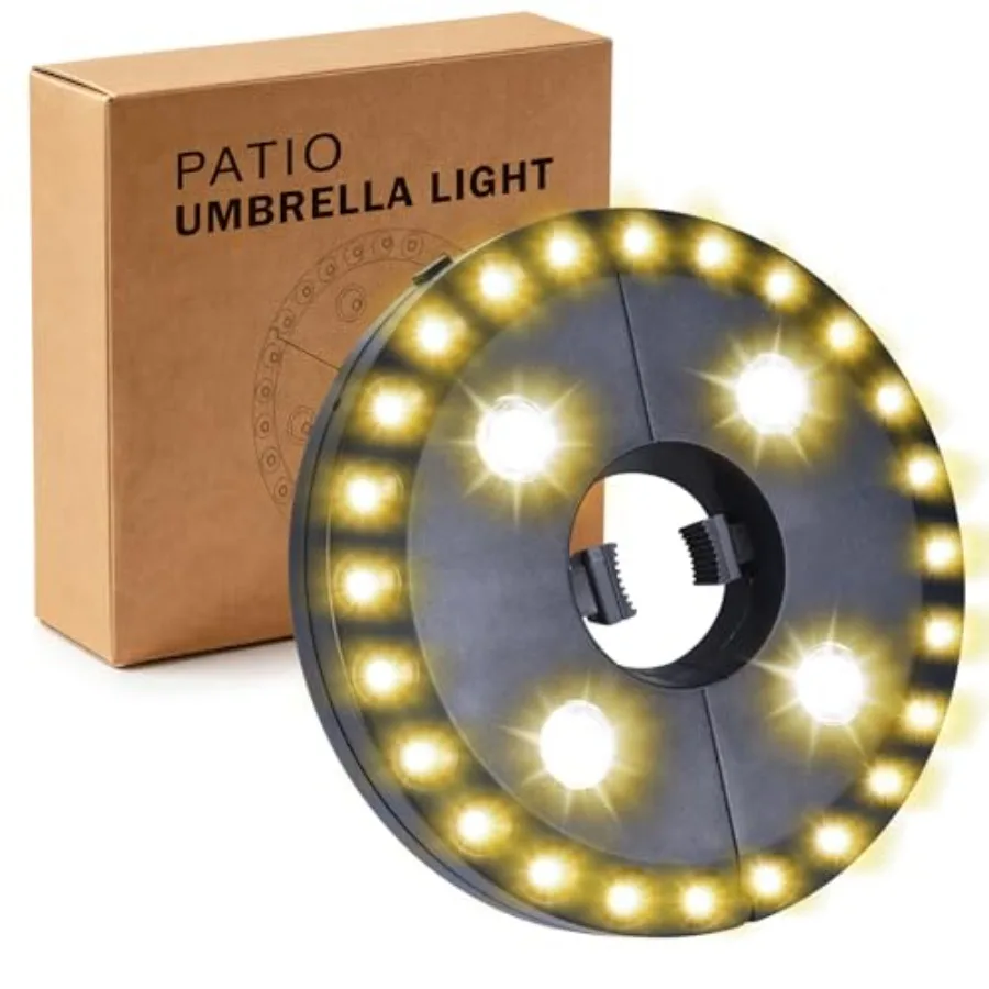 

Warm White Patio Umbrella Light 3 Brightness Modes Cordless 28 LED Lights at 200 lumens 4 x AA Battery Operated, Umbrella Pole