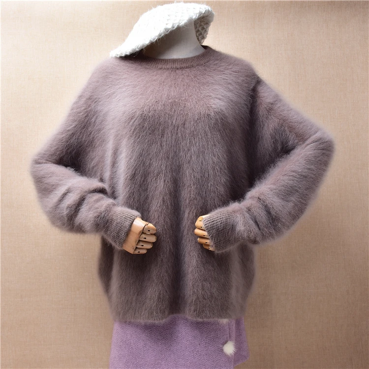 

Female Women Fall Winter Clothing Thick Warm Hairy Angora Rabbit Hair Knitted O-Neck Long Batwing Sleeves Loose Pullover Sweater