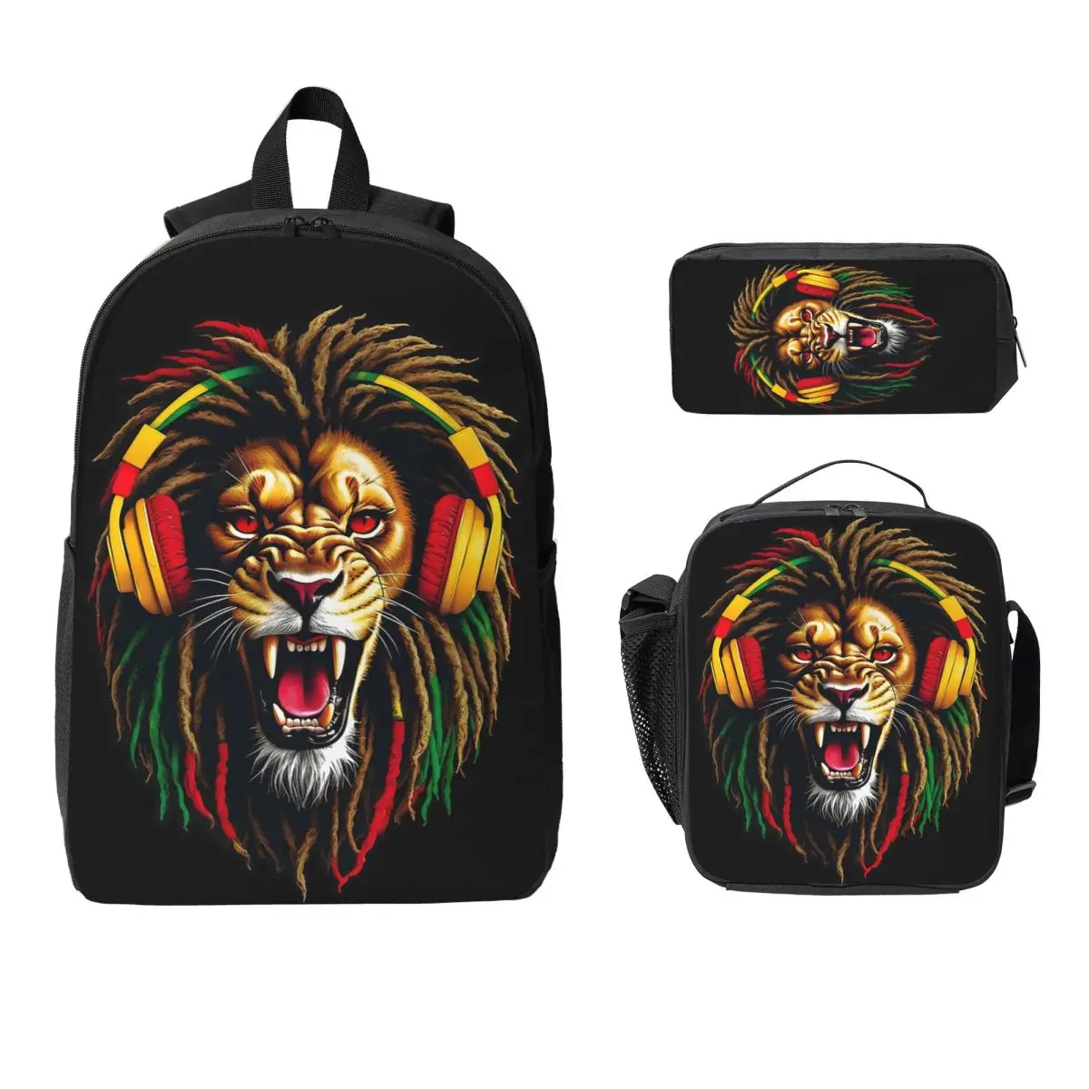 

Rastafarian Amaiquina Reggae Rasta Lion Street Skullies Backpack Boy Girl BookBag School Bag 3ps Insulated Lunch Bag Pencil Case