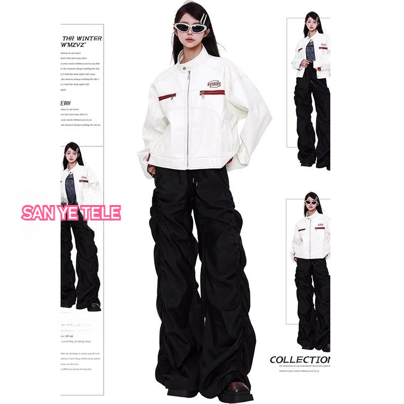 

American Retro PU Leather Jacket Motorcycle Clothes Women Trendy Casual Sports Coat Autumn New White High-end Loose Jacket