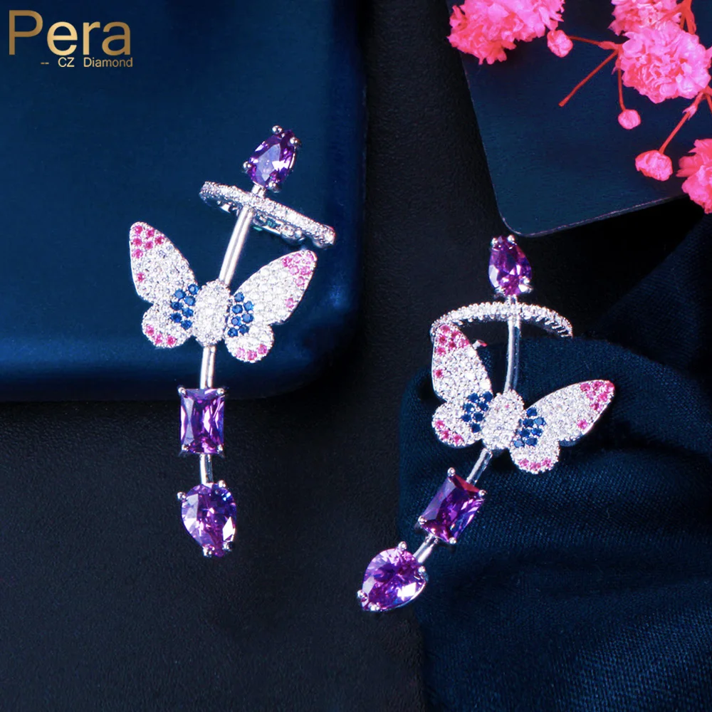 Pera Symmetrical Purple CZ Stone Long Lovely Butterfly Ear Cuff Climber Stud Earrings for Women Fashion Catwalk Jewelry E725