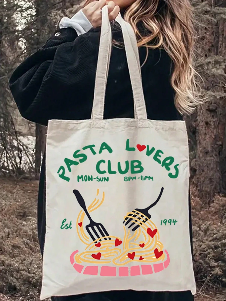 1 unidad de bolsa de lona vintage con estampado de pasta, reutilizable, tipo shopper, para mujer, para el día a día y viajes
