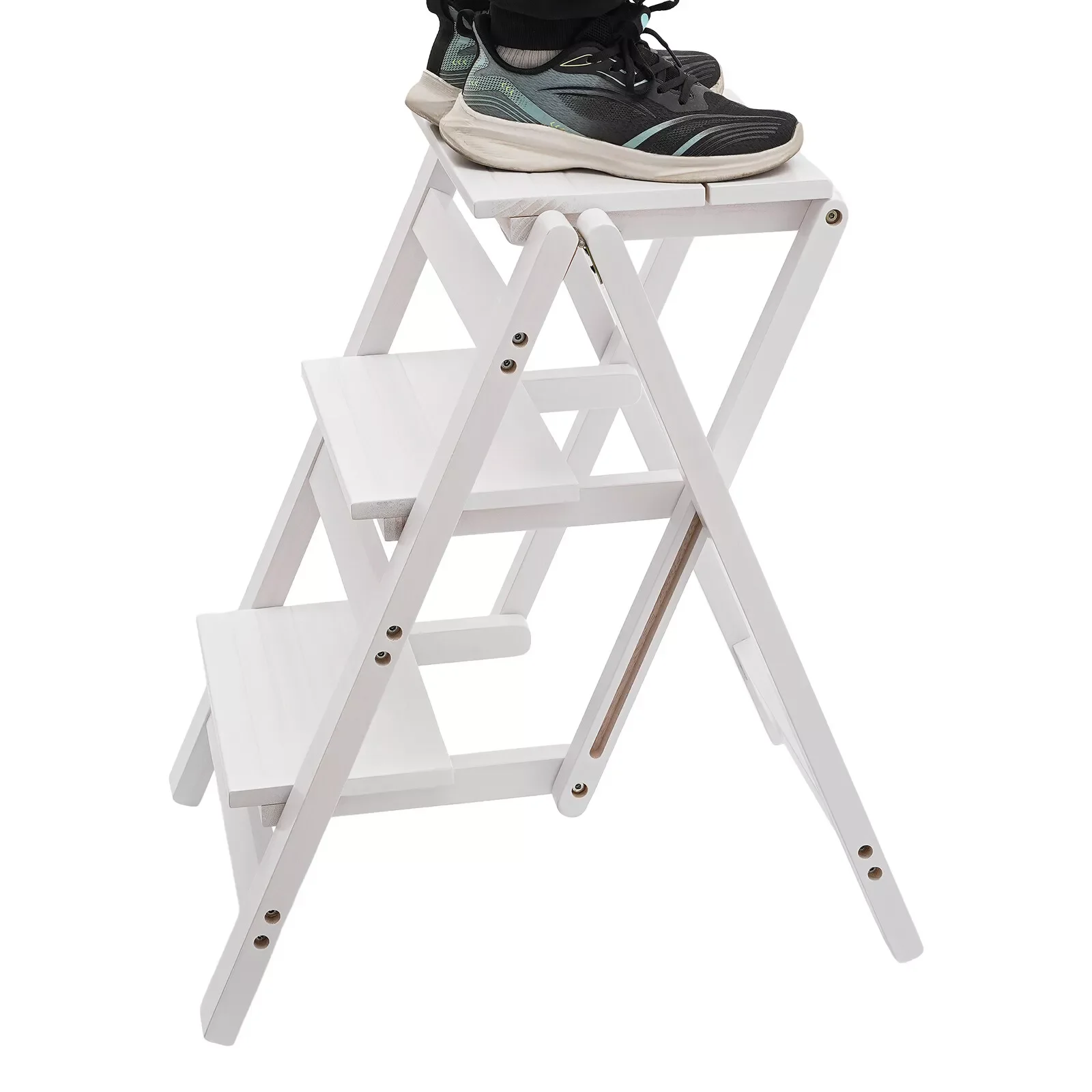 Folding Step Ladder 3-Layer Folding Wooden Step Stool Anti-Slip White 100kg