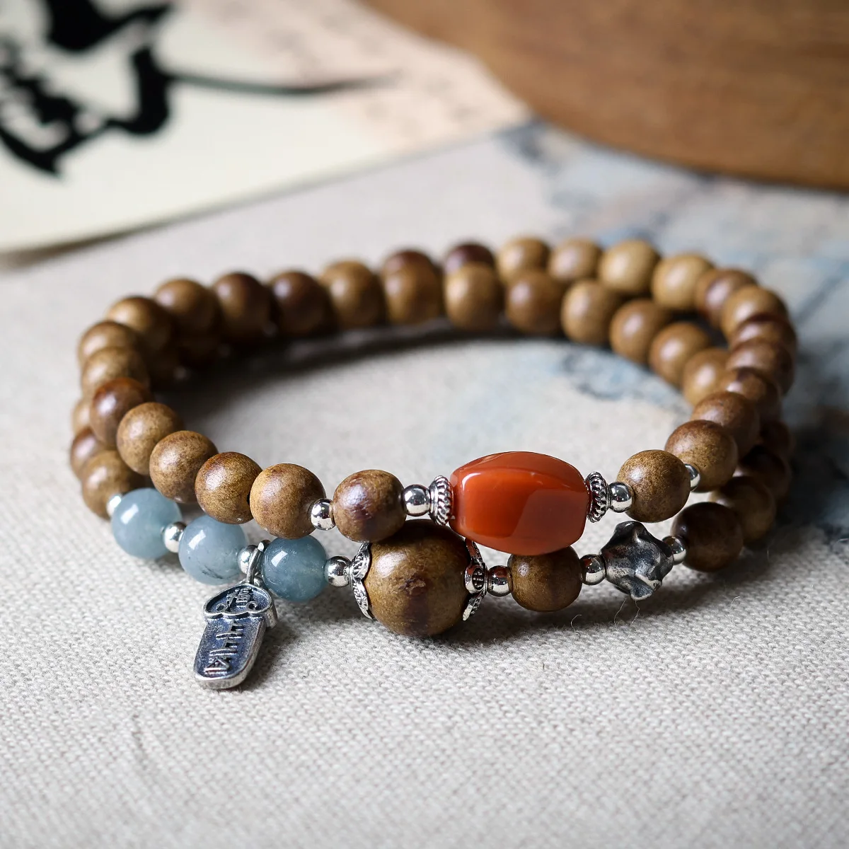 

Double Loop Butter Agarwood Bracelet with 925 Silver Fortune Tag Pendant and Red Agate Beads Gifts