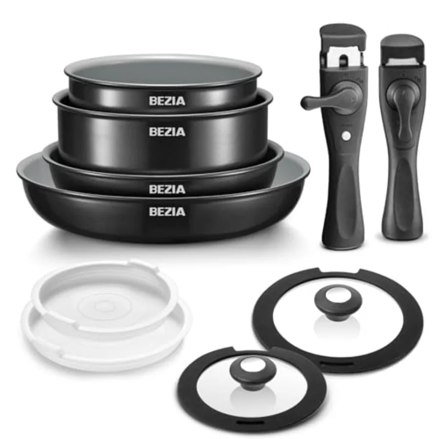 

Induction Cookware with Healthy Ceramic Coating, Camping Pots and Pans Set Nonstick 10pcs with Detachable Handles, Induction RV