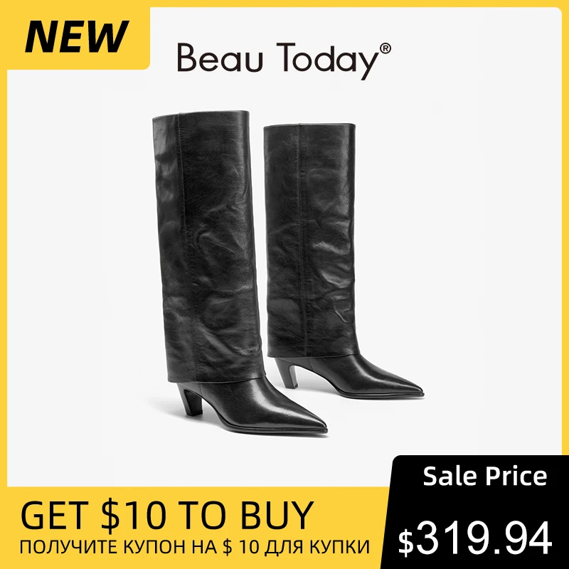 BEAUTODAY Long Boots Women Genuine Sheepskin Leather Pointed Toe Solid Color Knee High Boots Slip-on Ladies Shoes Handmade 01351