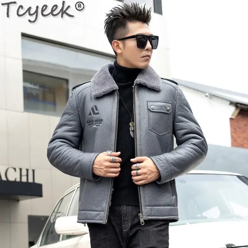 Tcyeek Natural Sheepskin Fur Coats Genuine Leather Jacket Men Winter Clothes Warm Real Fur Motocycle Jackets Casaco Masculino